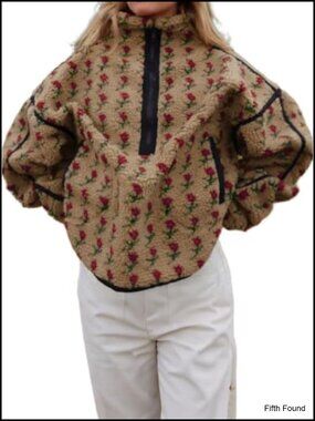 Floral Fleece Sherpa Sweatshirt Coat Half Zip Stand Collar Oversized Women